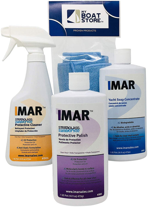 MyBoatStore Bundle Includes 16 Ounce Bottles of Imar #301 Strataglass Cleaner, 302 Polish, 401 Yacht Soap with 1 Microfiber Detailing Cloth (4 Total Items)