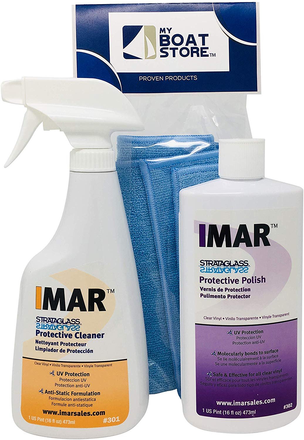 MyBoatStore Bundle Includes Imar 301 Strataglass Cleaner, an Imar 302 Polish and a Microfiber Detailing Cloth. Bundle has 3 Total Items